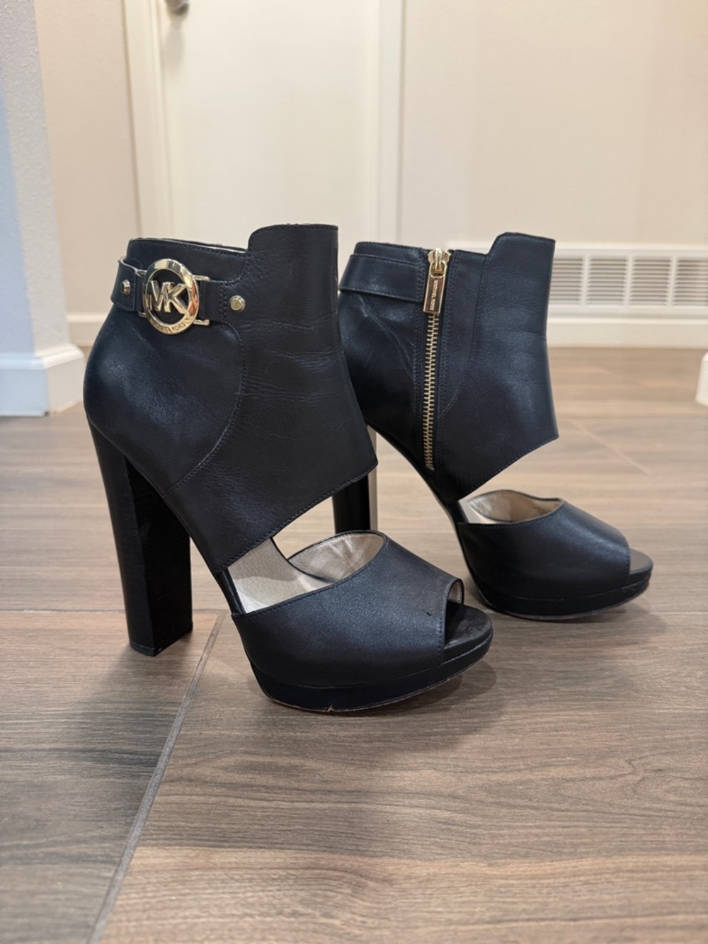 Michael Kors Black Leather Peep-Toe Platform Ankle Heels with Gold MK Accent